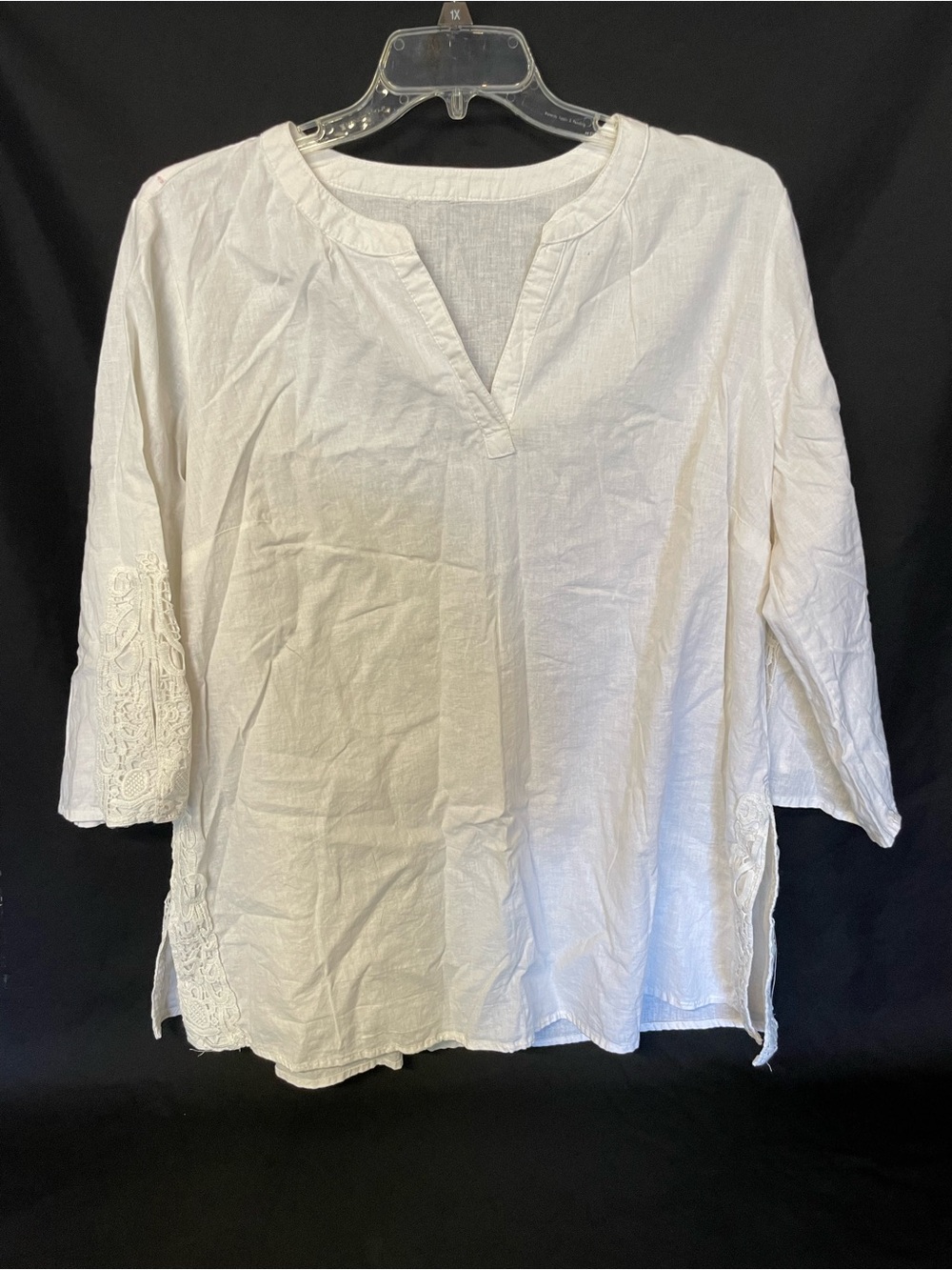 Cato White Split-V Tunic Blouse with Lace Trim